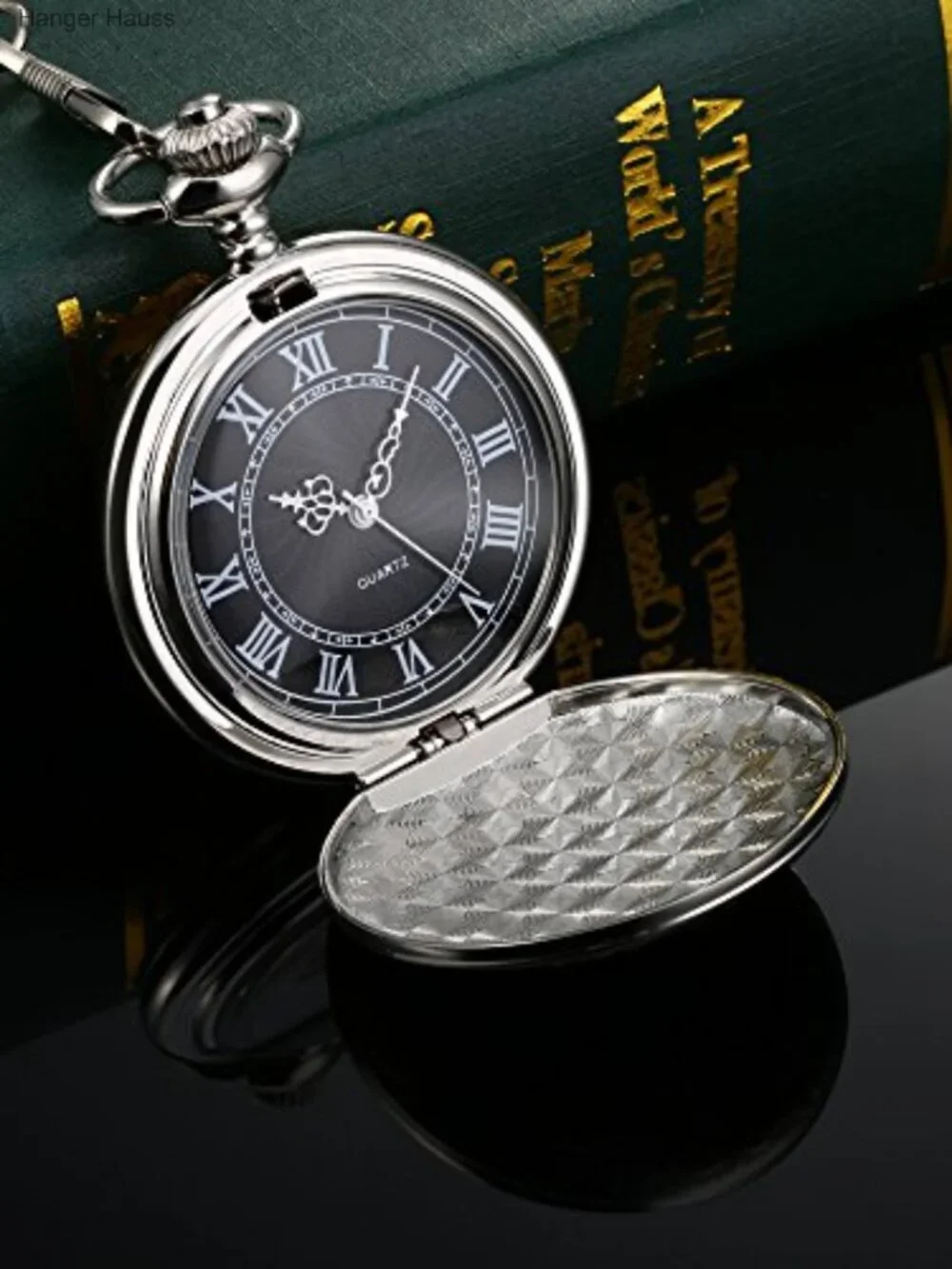 Men's Quartz Pocket Watch with Black Dial, Chain, Gift Box